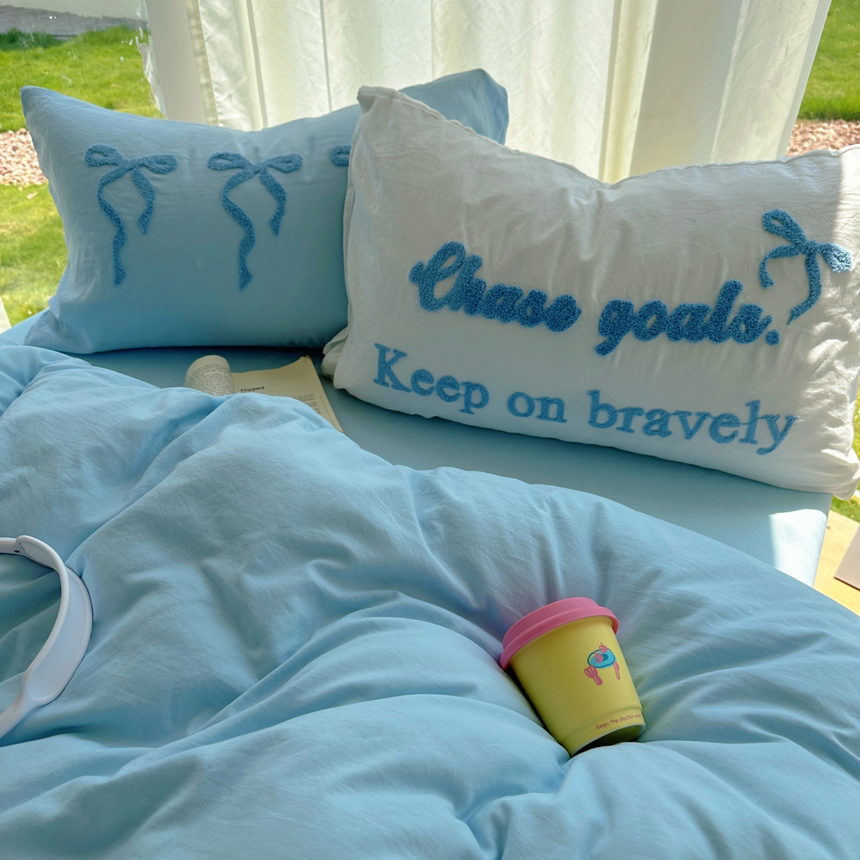 91家纺网 家纺一手货源 找家纺 花伞家居 2025新款毛巾绣水洗棉小红书风四件套（提供买家秀） 勇敢蓝