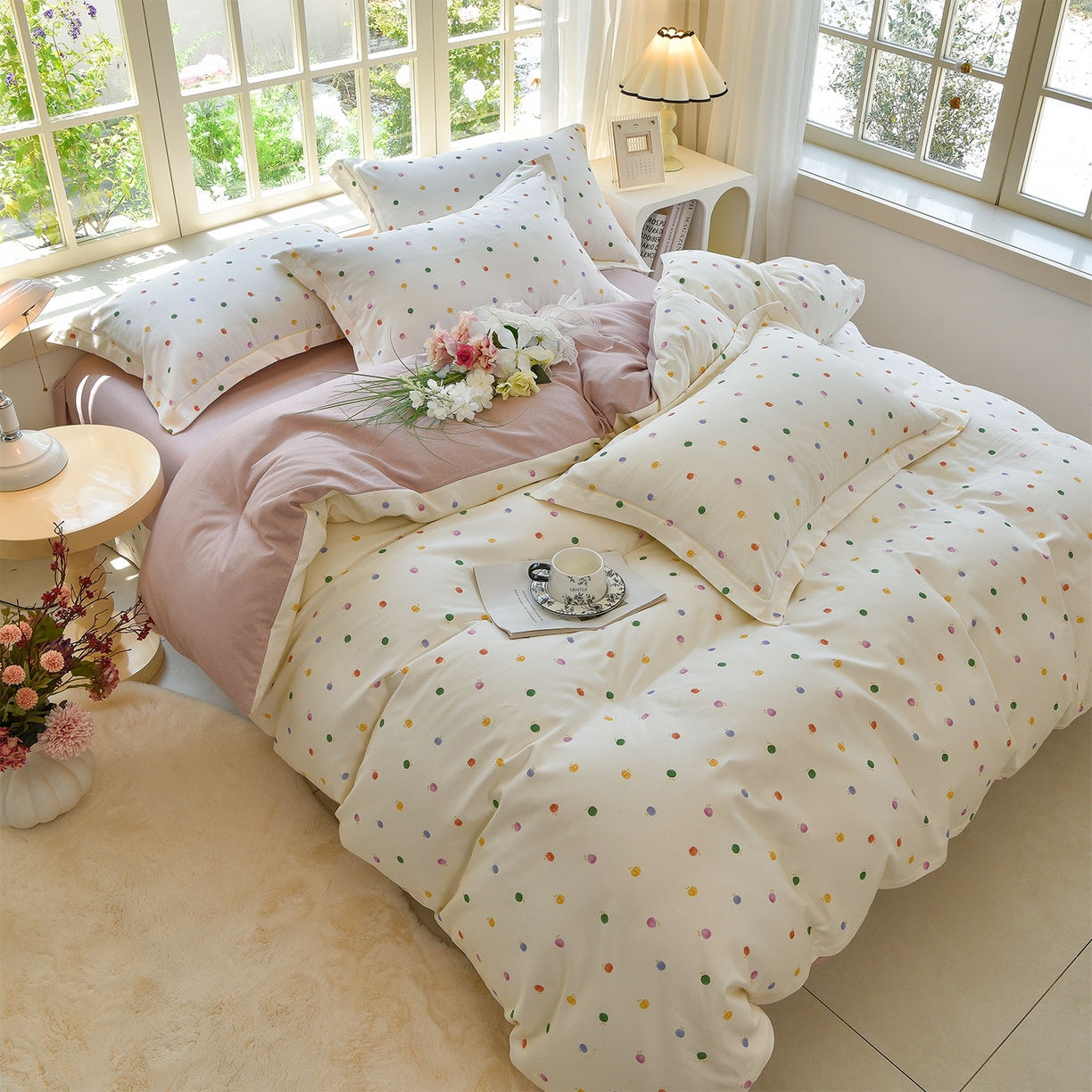 91家纺网 家纺一手货源 找家纺 董成龙家纺 2025新款全棉磨毛数码印花四件套 甜心乐园-米