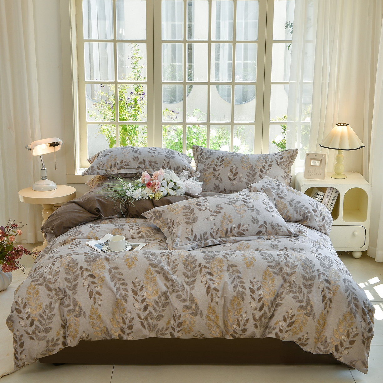 董成龙家纺 2025新款全棉磨毛数码印花四件套 折枝春山-咖