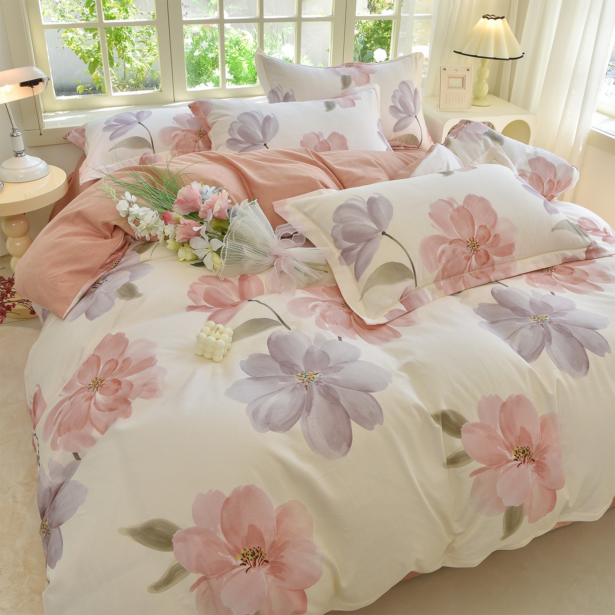 91家纺网 家纺一手货源 找家纺 董成龙家纺 2025新款全棉磨毛数码印花四件套 茶言妙语-桔