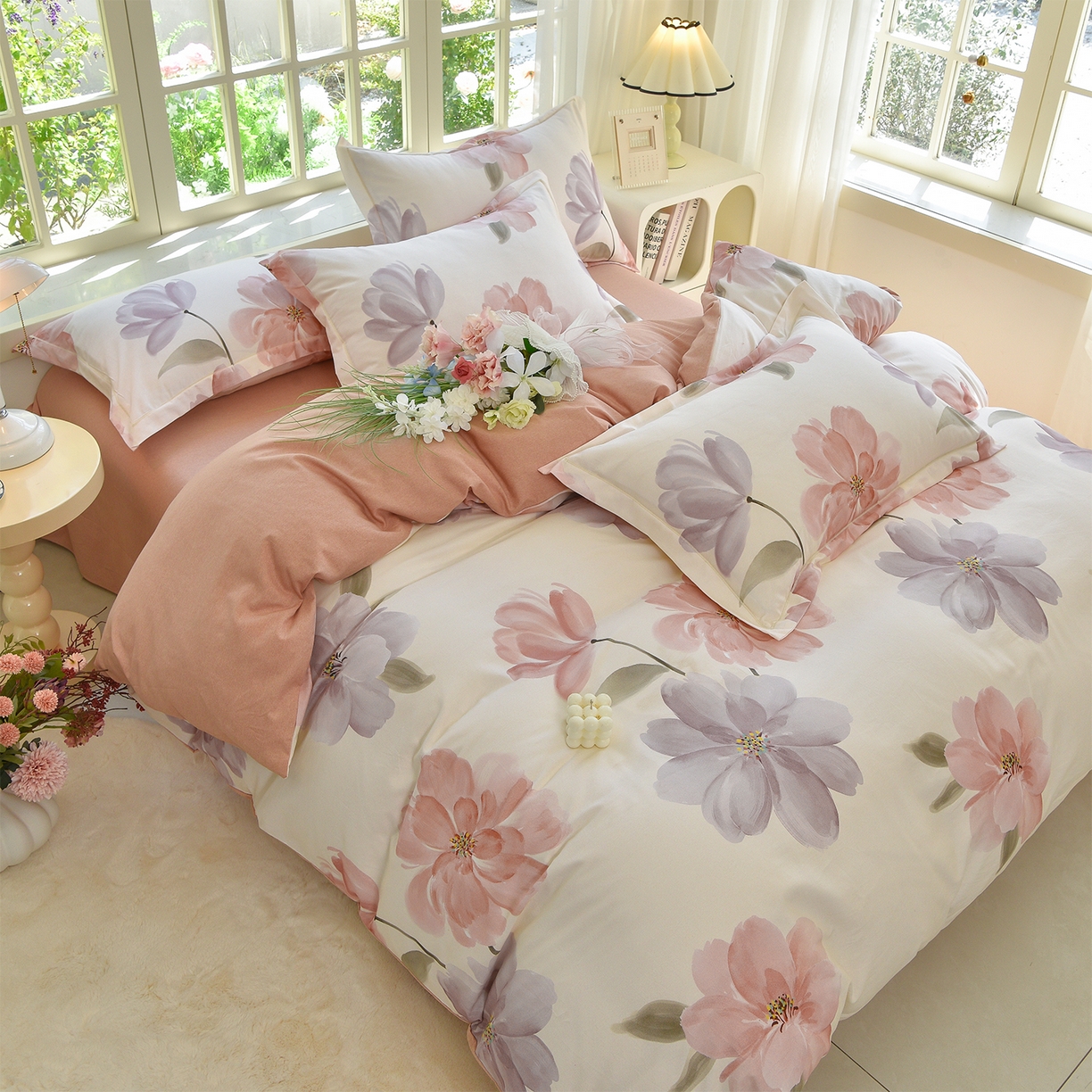 91家纺网 家纺一手货源 找家纺 董成龙家纺 2025新款全棉磨毛数码印花四件套 茶言妙语-桔