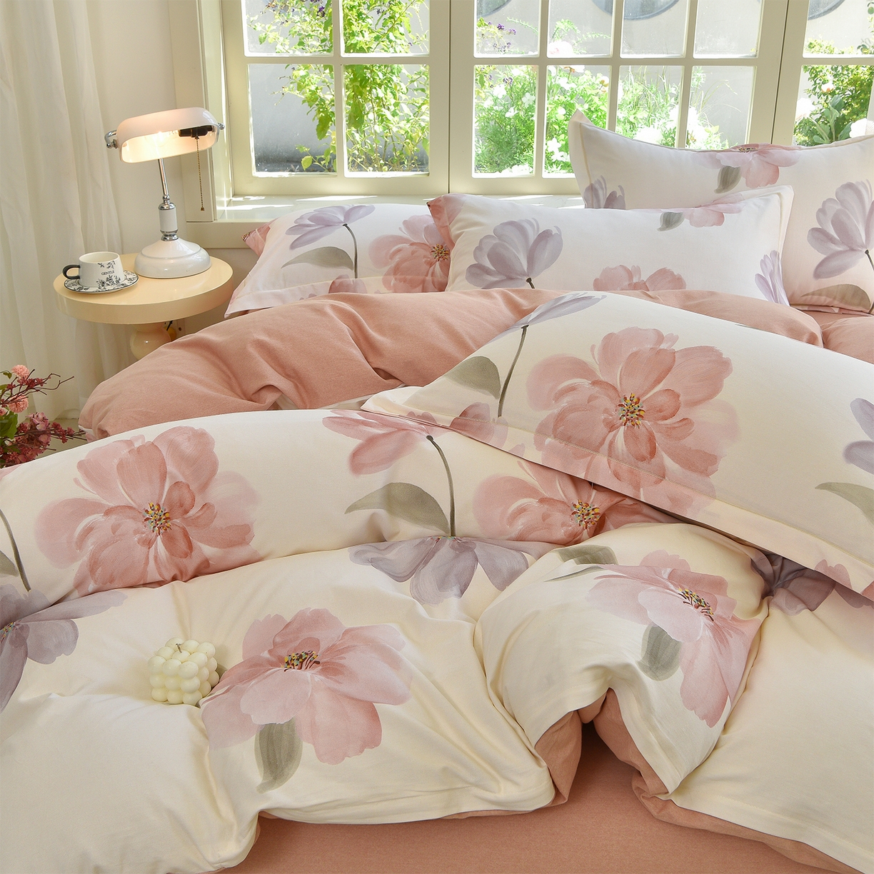 91家纺网 家纺一手货源 找家纺 董成龙家纺 2025新款全棉磨毛数码印花四件套 茶言妙语-桔