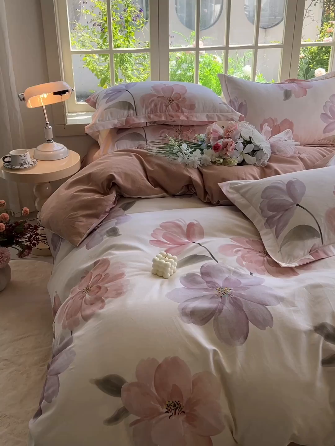 91家纺网 家纺一手货源 找家纺 董成龙家纺 2025新款全棉磨毛数码印花四件套 茶言妙语-桔