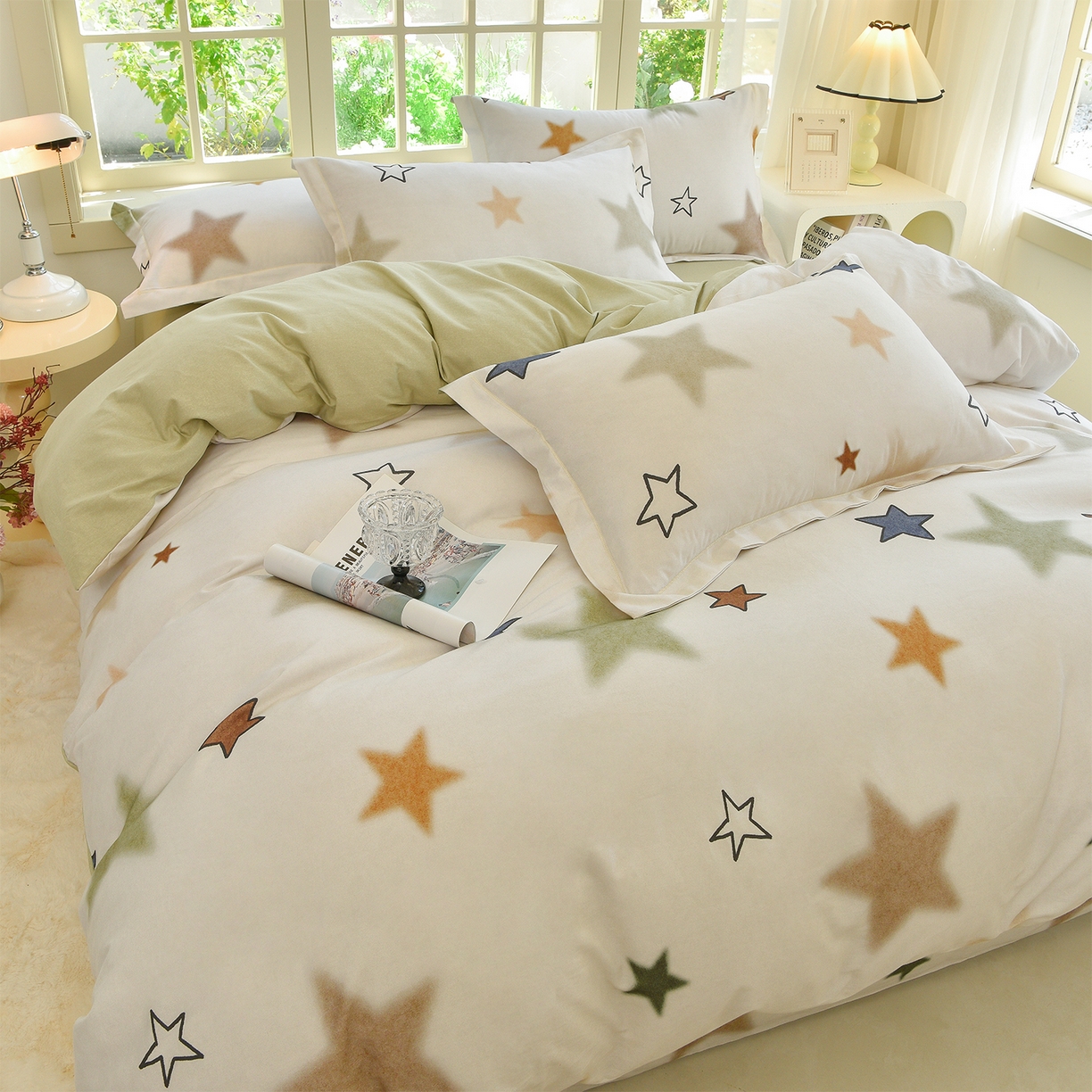 91家纺网 家纺一手货源 找家纺 董成龙家纺 2025新款全棉磨毛数码印花四件套 星采-绿