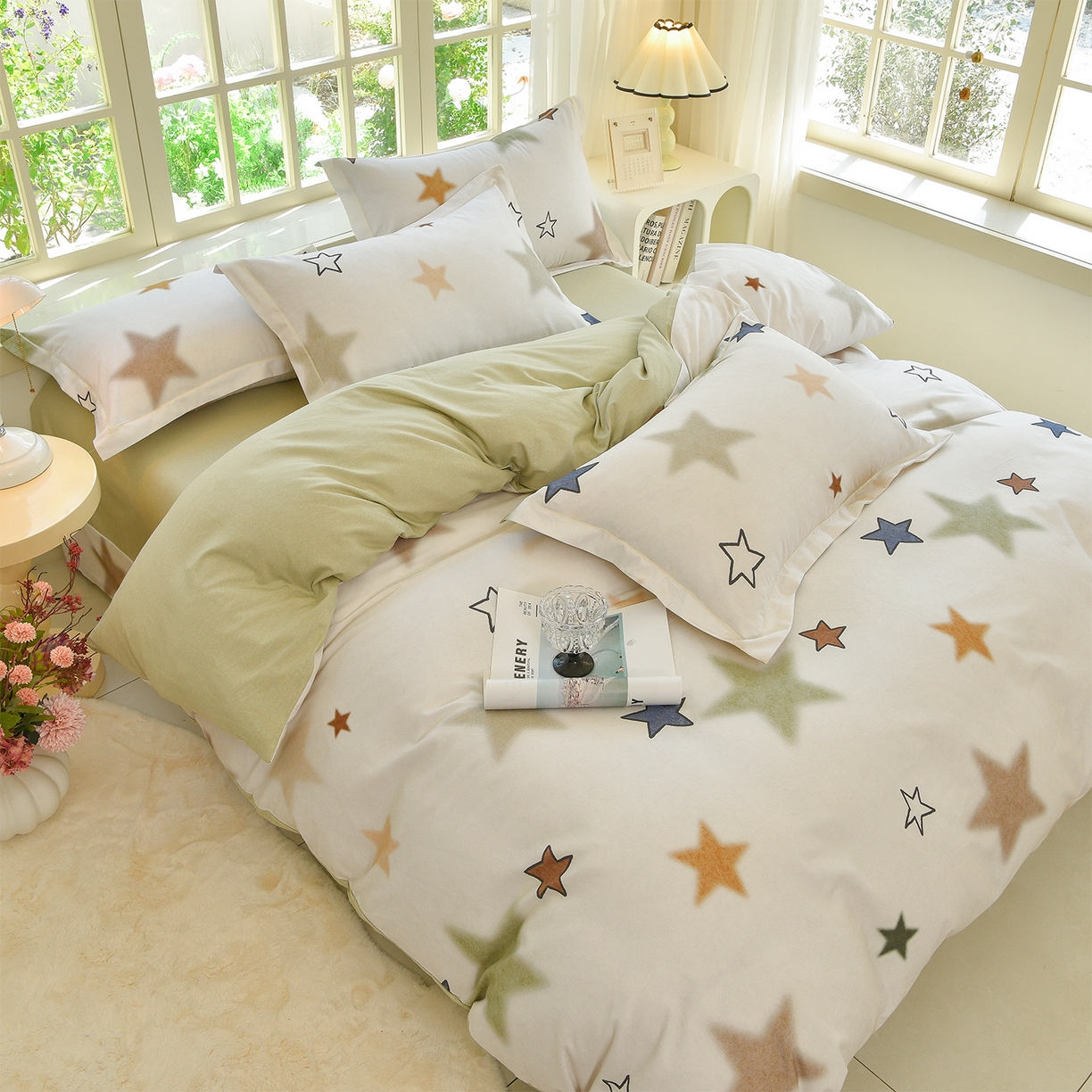 91家纺网 家纺一手货源 找家纺 董成龙家纺 2025新款全棉磨毛数码印花四件套 星采-绿