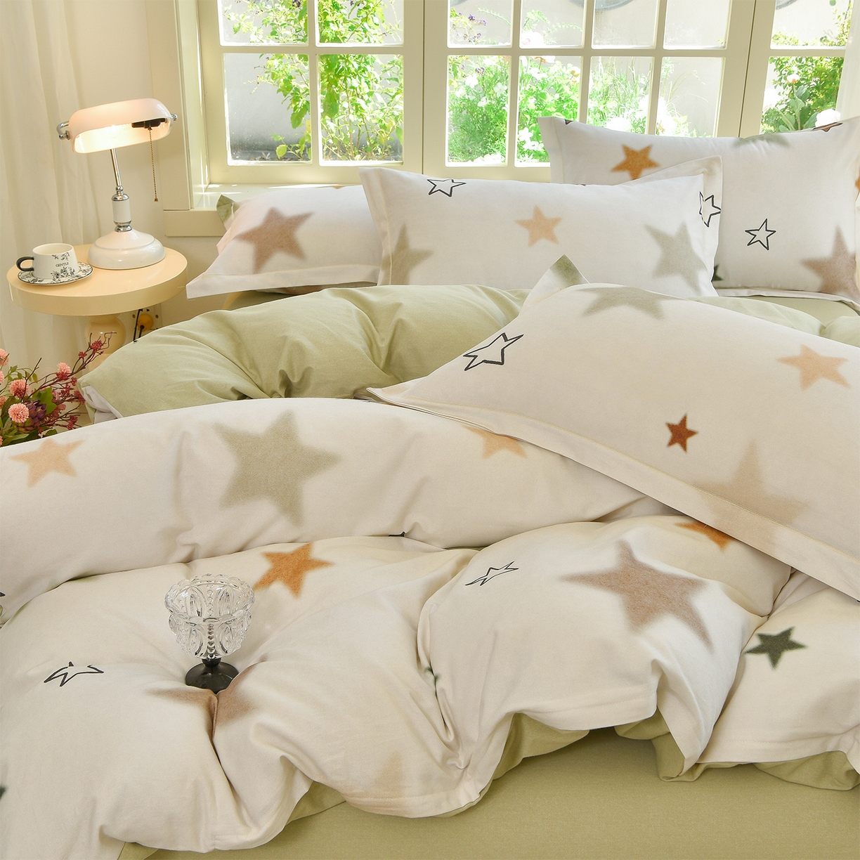 91家纺网 家纺一手货源 找家纺 董成龙家纺 2025新款全棉磨毛数码印花四件套 星采-绿