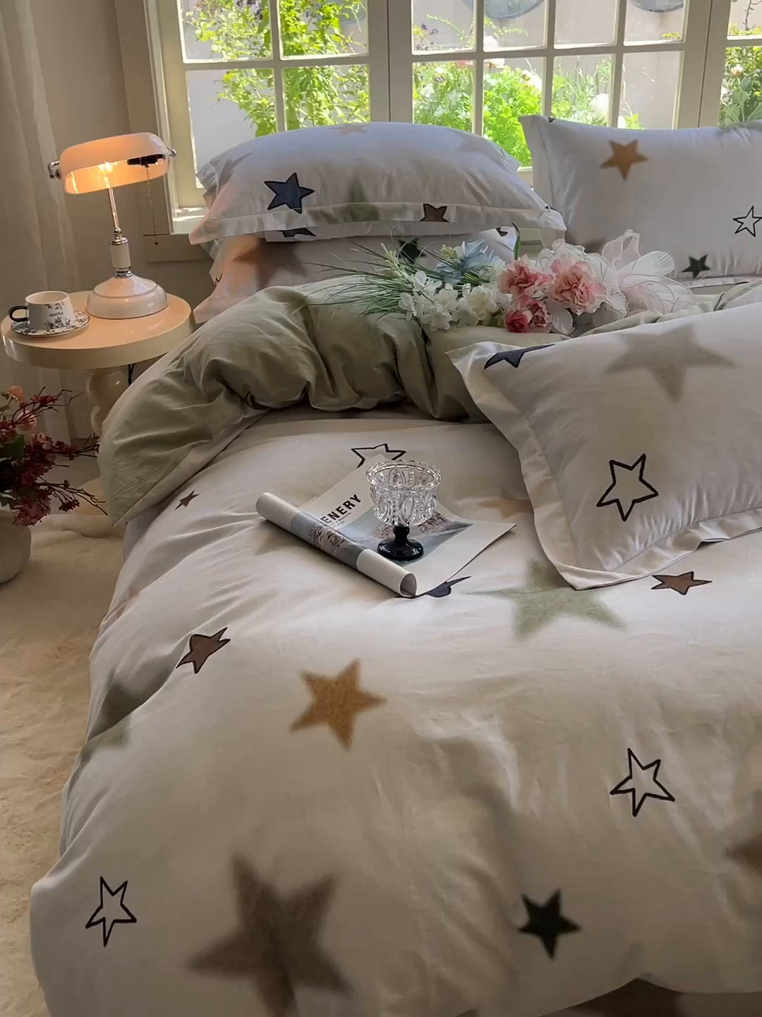 91家纺网 家纺一手货源 找家纺 董成龙家纺 2025新款全棉磨毛数码印花四件套 星采-绿