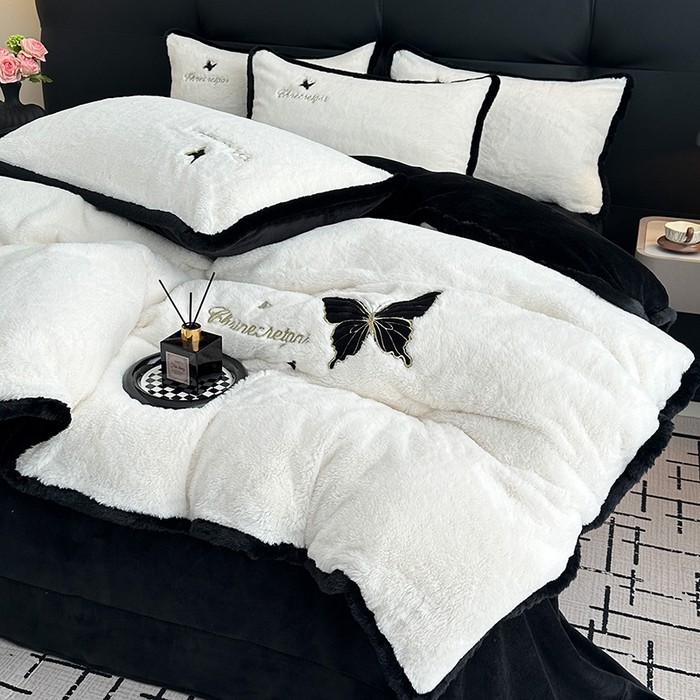 91家纺网 家纺一手货源 找家纺 （总）2025兔毛包边贴布绣花牛奶绒四件套蝶恋