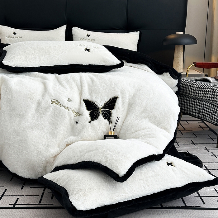 91家纺网 家纺一手货源 找家纺 （总）2025兔毛包边贴布绣花牛奶绒四件套蝶恋