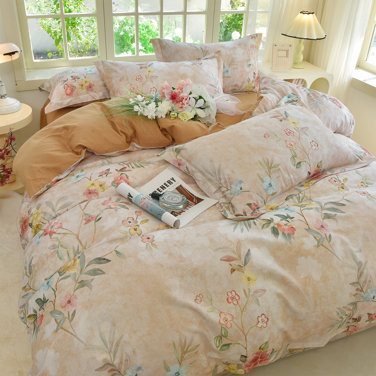 91家纺网 家纺一手货源 找家纺 董成龙家纺 2025新款全棉磨毛数码印花四件套 美伊-咖