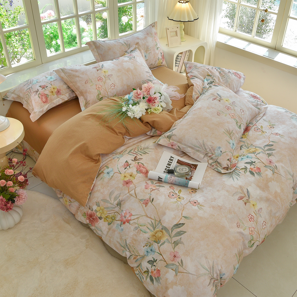 91家纺网 家纺一手货源 找家纺 董成龙家纺 2025新款全棉磨毛数码印花四件套 美伊-咖