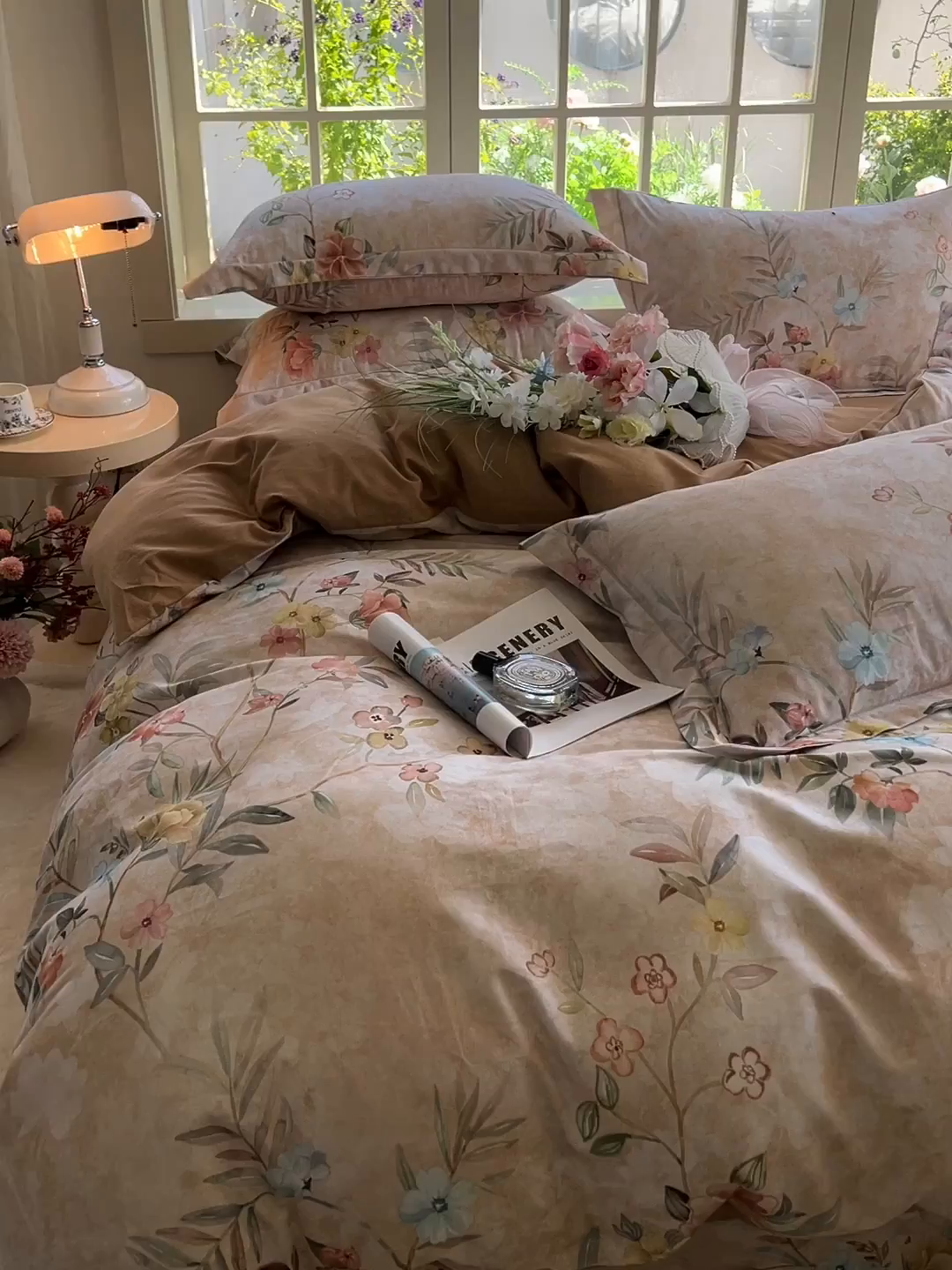 91家纺网 家纺一手货源 找家纺 董成龙家纺 2025新款全棉磨毛数码印花四件套 美伊-咖