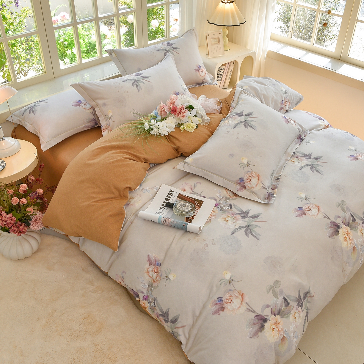 91家纺网 家纺一手货源 找家纺 董成龙家纺 2025新款全棉磨毛数码印花四件套 一朵芜-米