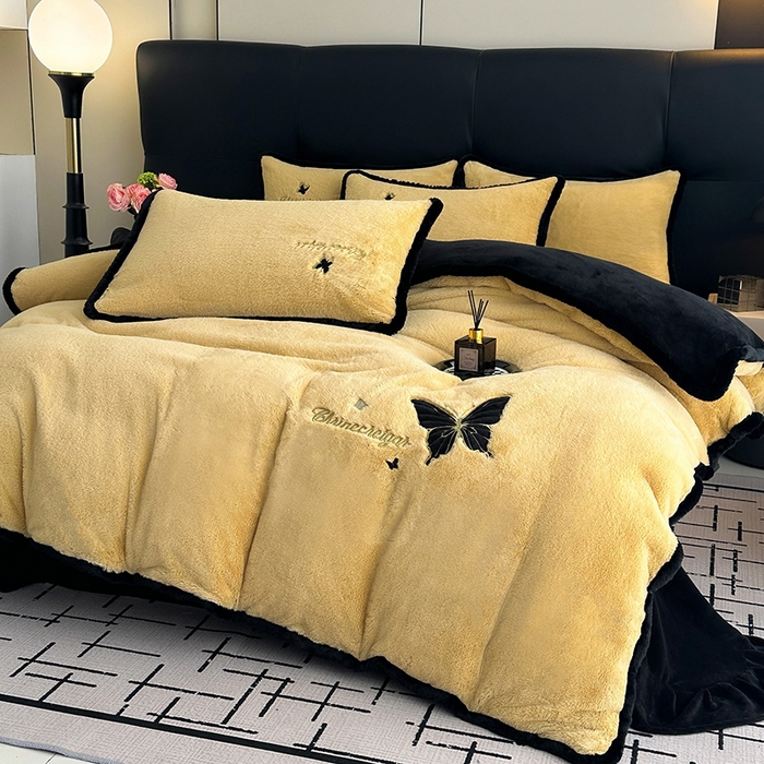 91家纺网 家纺一手货源 找家纺 2025兔毛包边贴布绣花牛奶绒四件套蝶恋 蝶恋-金