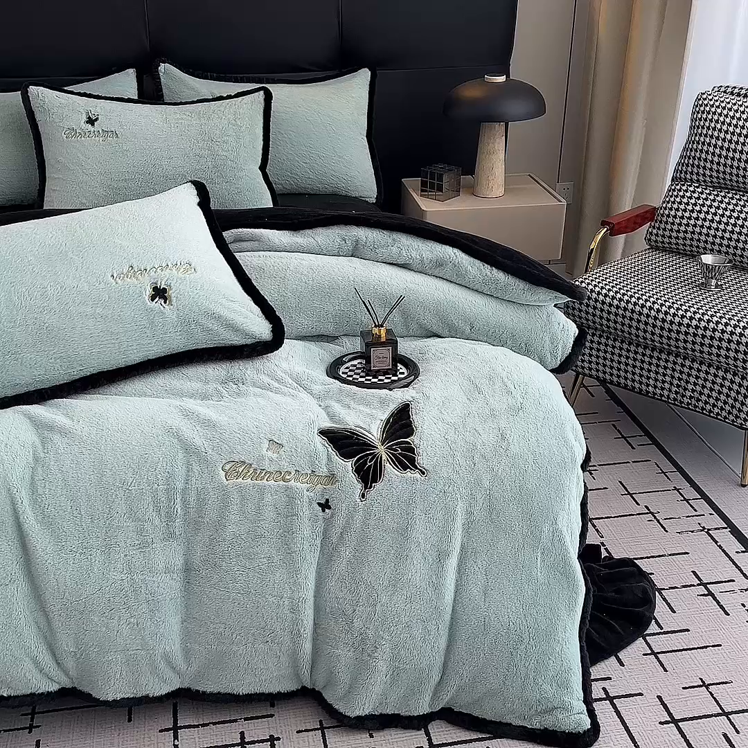 91家纺网 家纺一手货源 找家纺 2025兔毛包边贴布绣花牛奶绒四件套蝶恋 蝶恋-绿