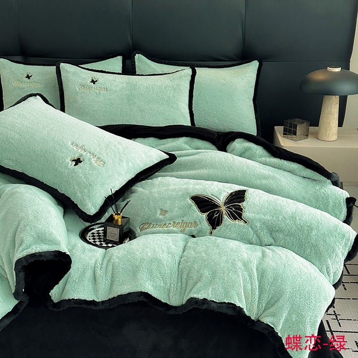 91家纺网 家纺一手货源 找家纺 2025兔毛包边贴布绣花牛奶绒四件套蝶恋 蝶恋-绿