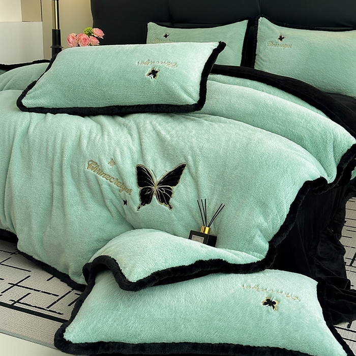 91家纺网 家纺一手货源 找家纺 2025兔毛包边贴布绣花牛奶绒四件套蝶恋 蝶恋-绿