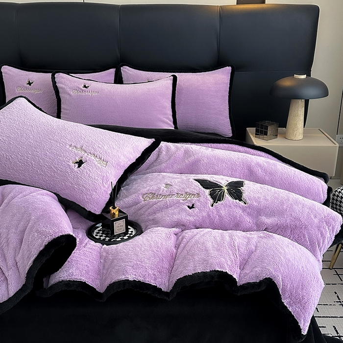 91家纺网 家纺一手货源 找家纺 2025兔毛包边贴布绣花牛奶绒四件套蝶恋 蝶恋-紫