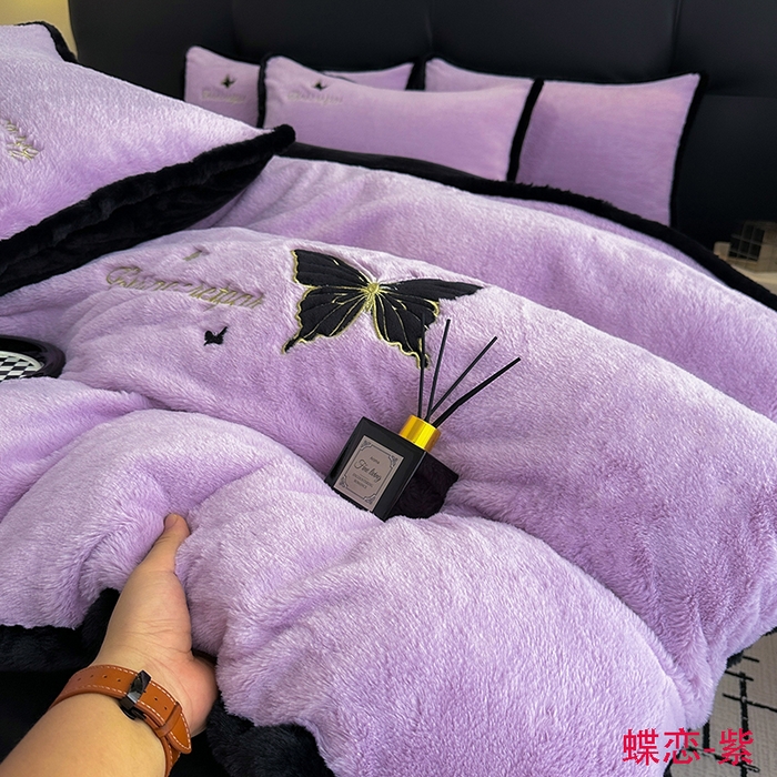 2025兔毛包边贴布绣花牛奶绒四件套蝶恋 蝶恋-紫