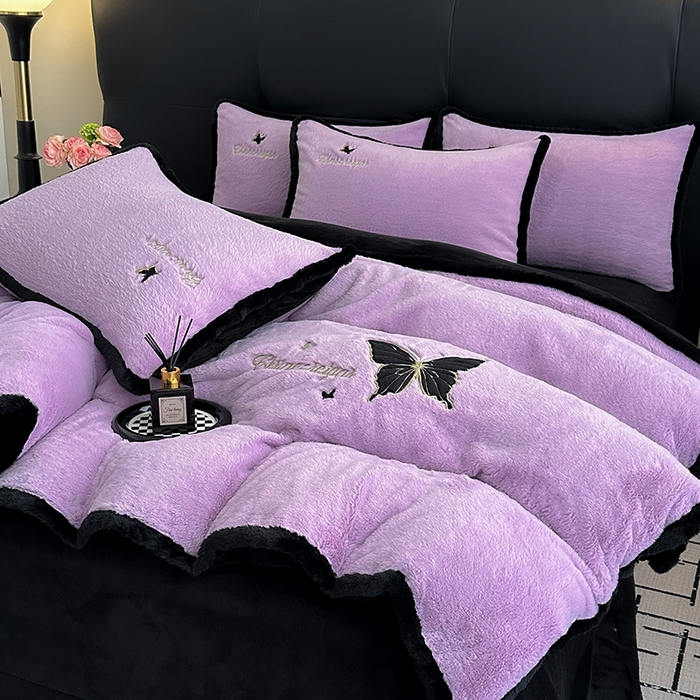 91家纺网 家纺一手货源 找家纺 2025兔毛包边贴布绣花牛奶绒四件套蝶恋 蝶恋-紫