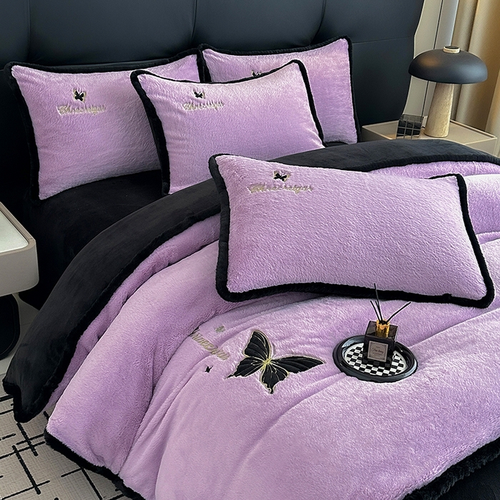 91家纺网 家纺一手货源 找家纺 2025兔毛包边贴布绣花牛奶绒四件套蝶恋 蝶恋-紫