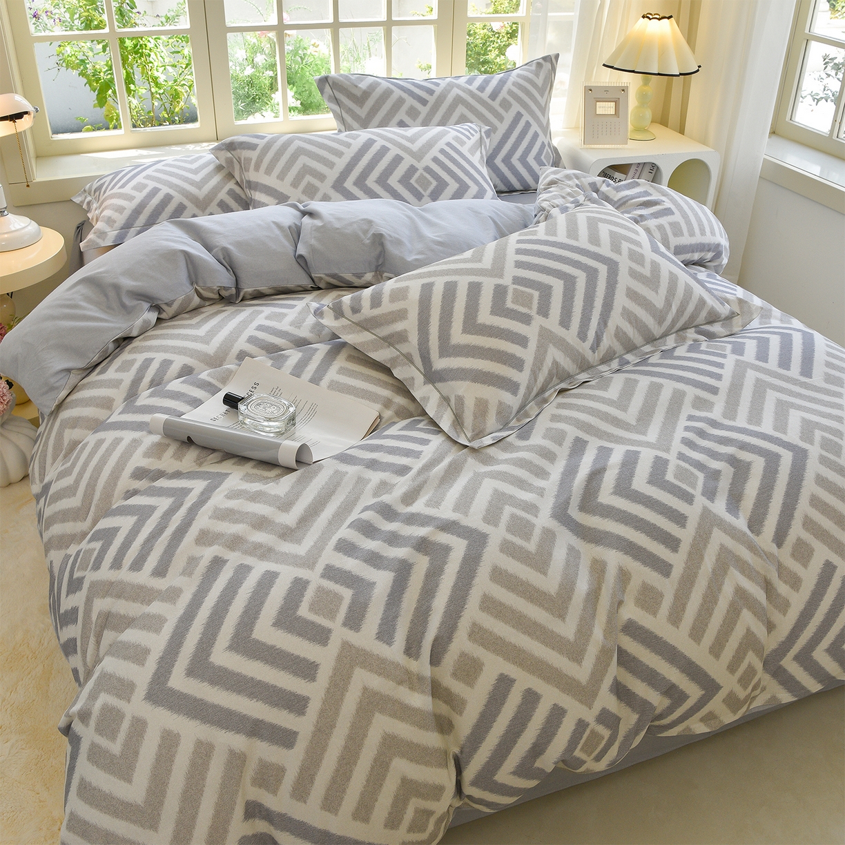 91家纺网 家纺一手货源 找家纺 董成龙家纺 2025新款全棉磨毛数码印花四件套 半舟-灰