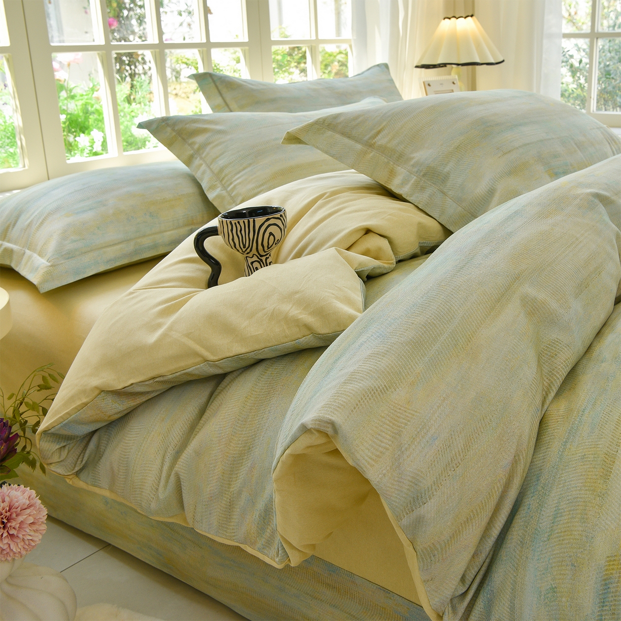 91家纺网 家纺一手货源 找家纺 董成龙家纺 2025新款全棉磨毛数码印花四件套 华尔兹-绿