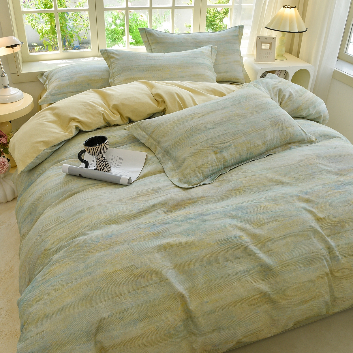 91家纺网 家纺一手货源 找家纺 董成龙家纺 2025新款全棉磨毛数码印花四件套 华尔兹-绿