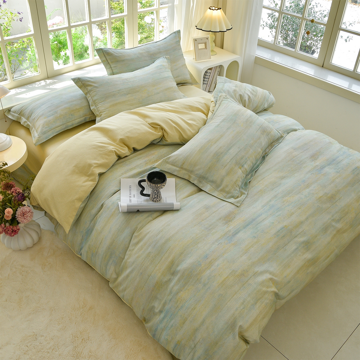 91家纺网 家纺一手货源 找家纺 董成龙家纺 2025新款全棉磨毛数码印花四件套 华尔兹-绿