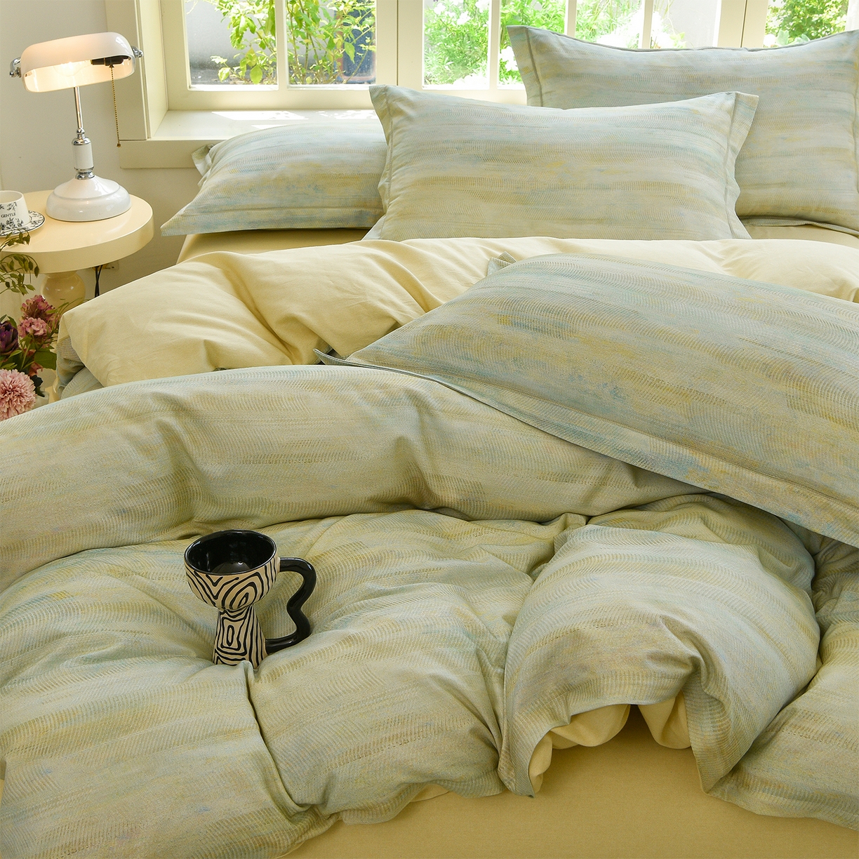 91家纺网 家纺一手货源 找家纺 董成龙家纺 2025新款全棉磨毛数码印花四件套 华尔兹-绿