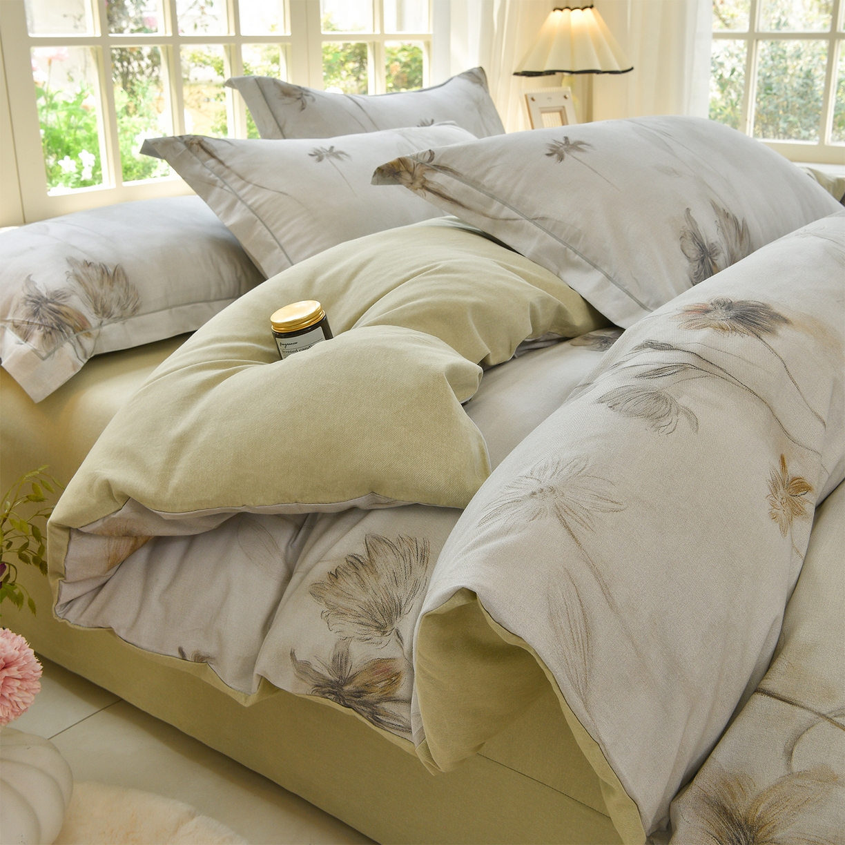 91家纺网 家纺一手货源 找家纺 董成龙家纺 2025新款全棉磨毛数码印花四件套 嬉秋集-灰