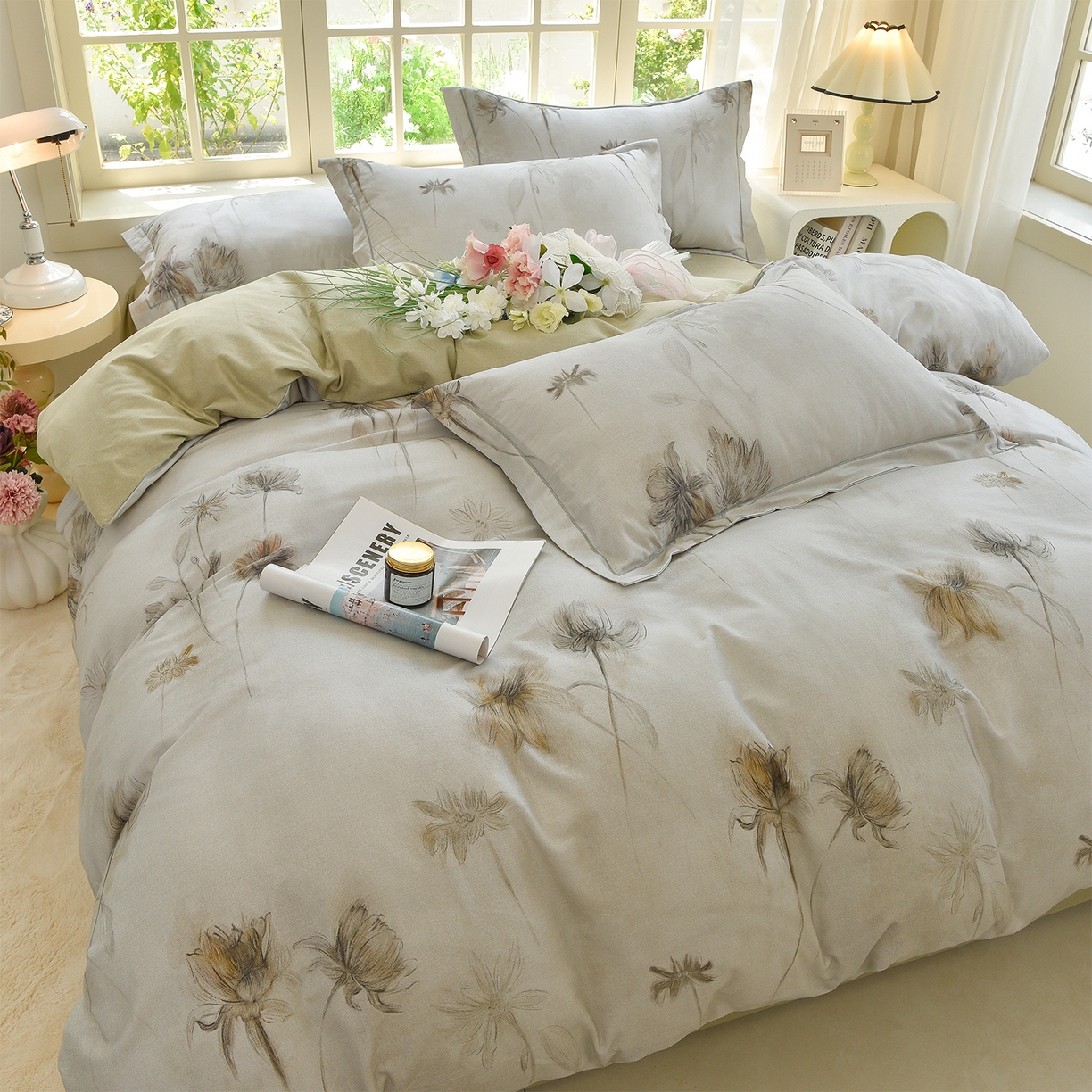 91家纺网 家纺一手货源 找家纺 董成龙家纺 2025新款全棉磨毛数码印花四件套 嬉秋集-灰