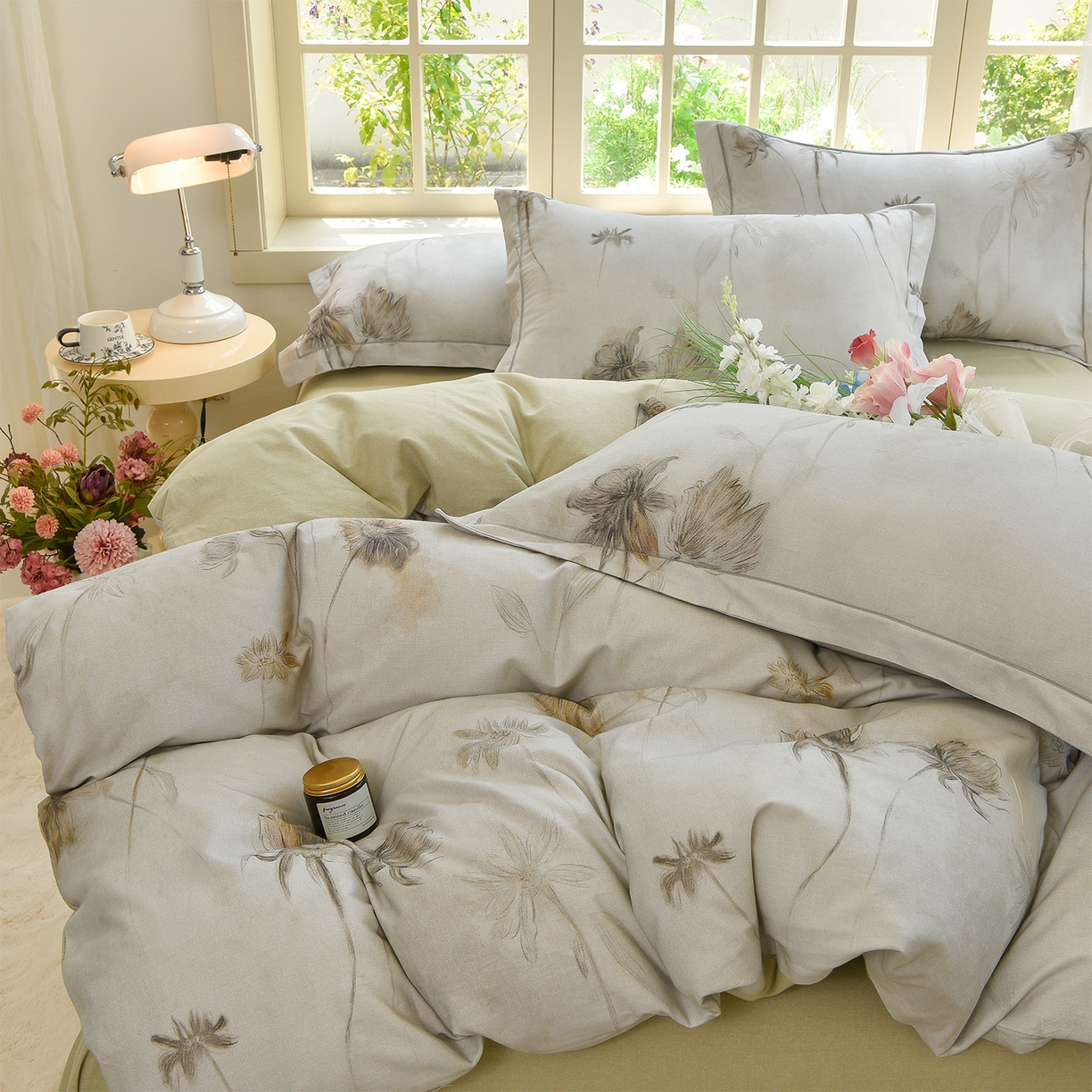 91家纺网 家纺一手货源 找家纺 董成龙家纺 2025新款全棉磨毛数码印花四件套 嬉秋集-灰