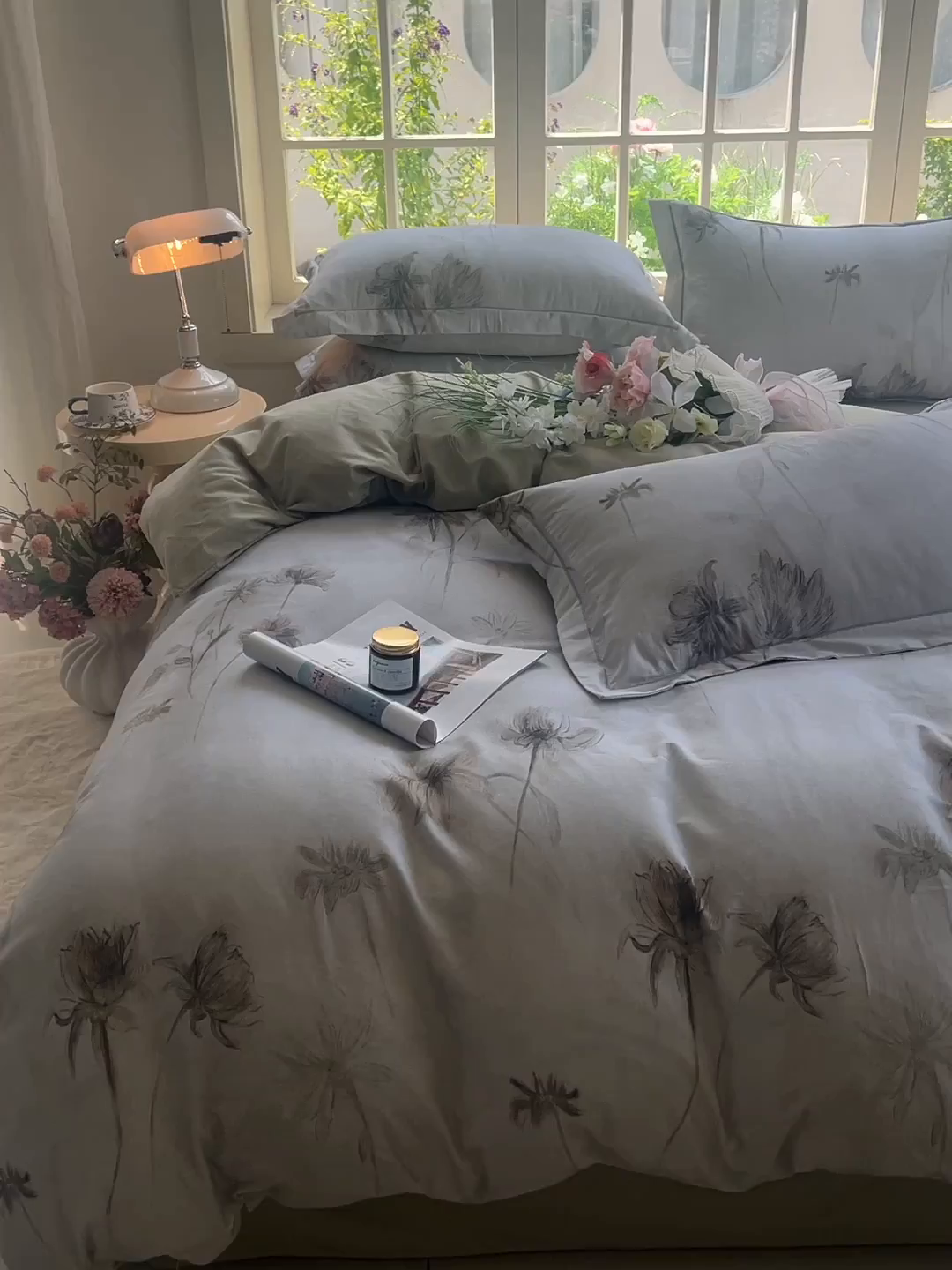 91家纺网 家纺一手货源 找家纺 董成龙家纺 2025新款全棉磨毛数码印花四件套 嬉秋集-灰