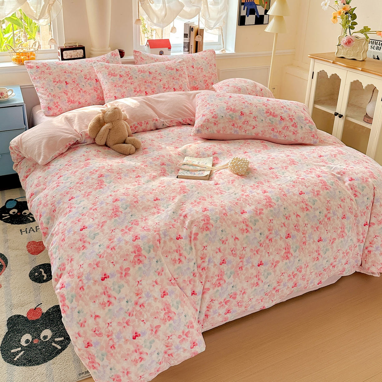 91家纺网 家纺一手货源 找家纺 水木坊 2025新款A加厚牛奶绒印花四件套-含买家秀 玫瑰粉黛