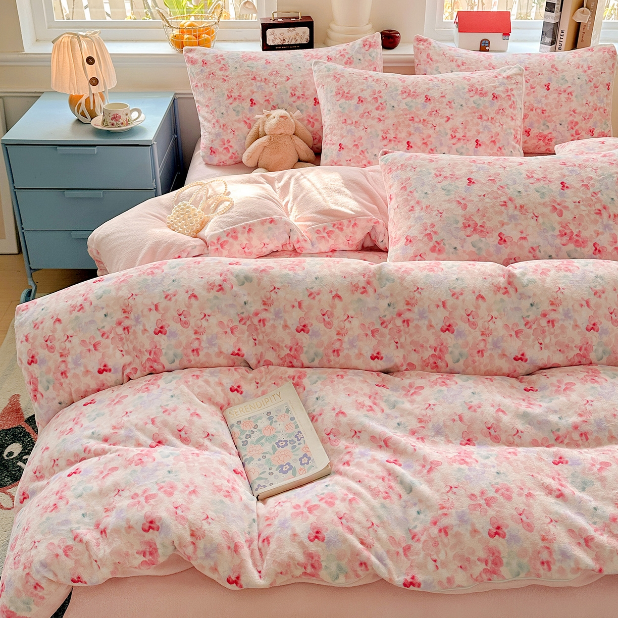 91家纺网 家纺一手货源 找家纺 水木坊 2025新款A加厚牛奶绒印花四件套-含买家秀 玫瑰粉黛