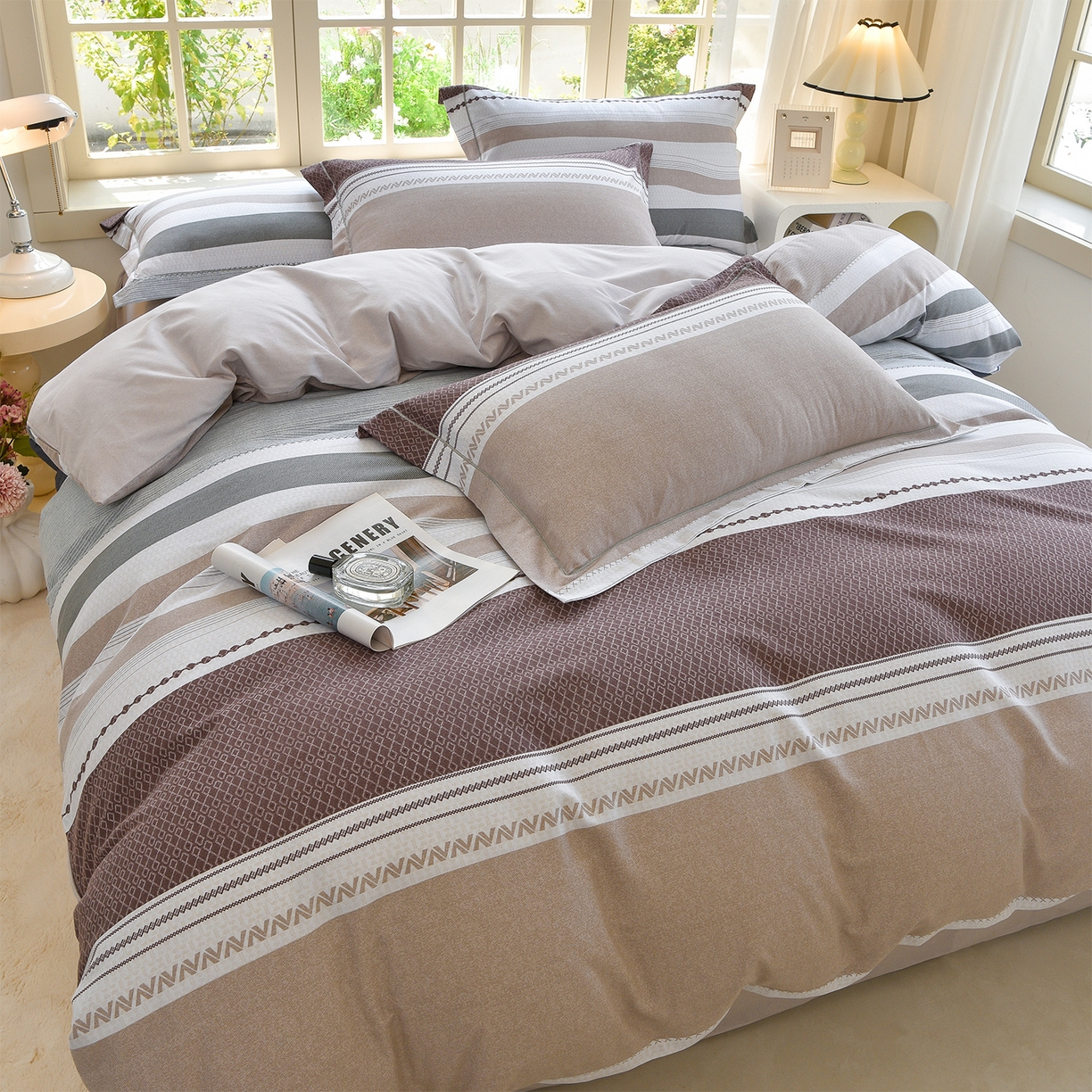 91家纺网 家纺一手货源 找家纺 董成龙家纺 2025新款全棉磨毛数码印花四件套 水平线-兰