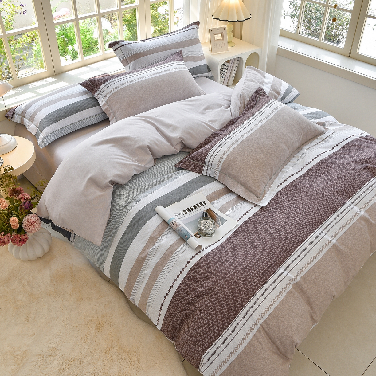 91家纺网 家纺一手货源 找家纺 董成龙家纺 2025新款全棉磨毛数码印花四件套 水平线-兰