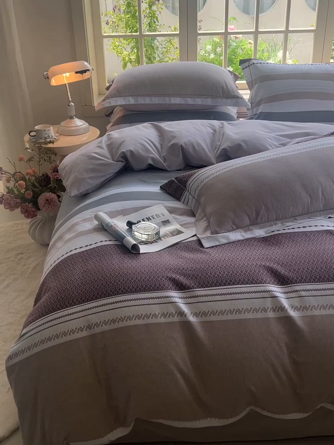 91家纺网 家纺一手货源 找家纺 董成龙家纺 2025新款全棉磨毛数码印花四件套 水平线-兰