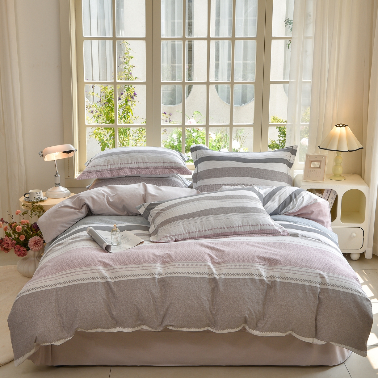 董成龙家纺 2025新款全棉磨毛数码印花四件套 水平线-粉