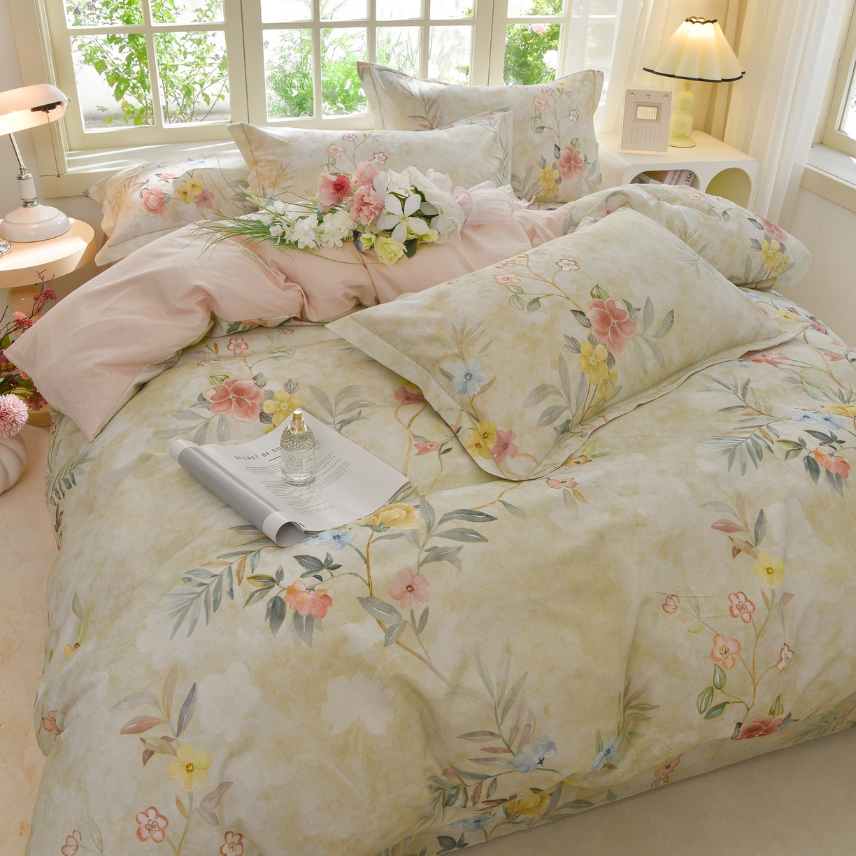 91家纺网 家纺一手货源 找家纺 董成龙家纺 2025新款全棉磨毛数码印花四件套 美伊-绿