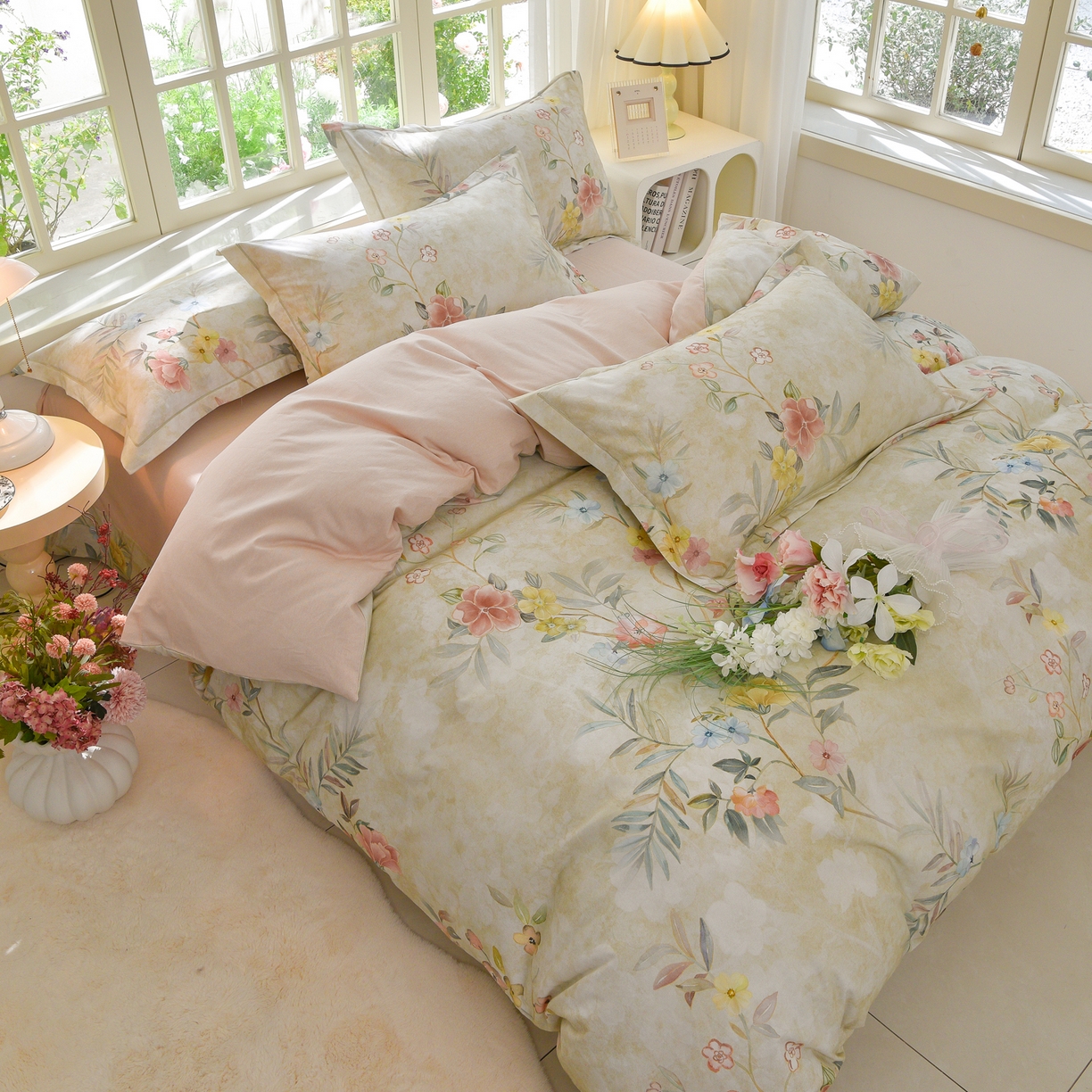 91家纺网 家纺一手货源 找家纺 董成龙家纺 2025新款全棉磨毛数码印花四件套 美伊-绿