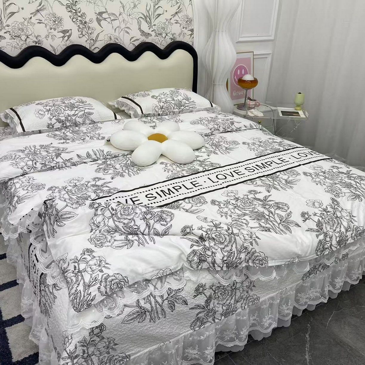 91家纺网 家纺一手货源 找家纺 禧瑞谷 2025新款双层花边纯棉床盖雪纺蕾丝款纯棉床盖四件套 梦境