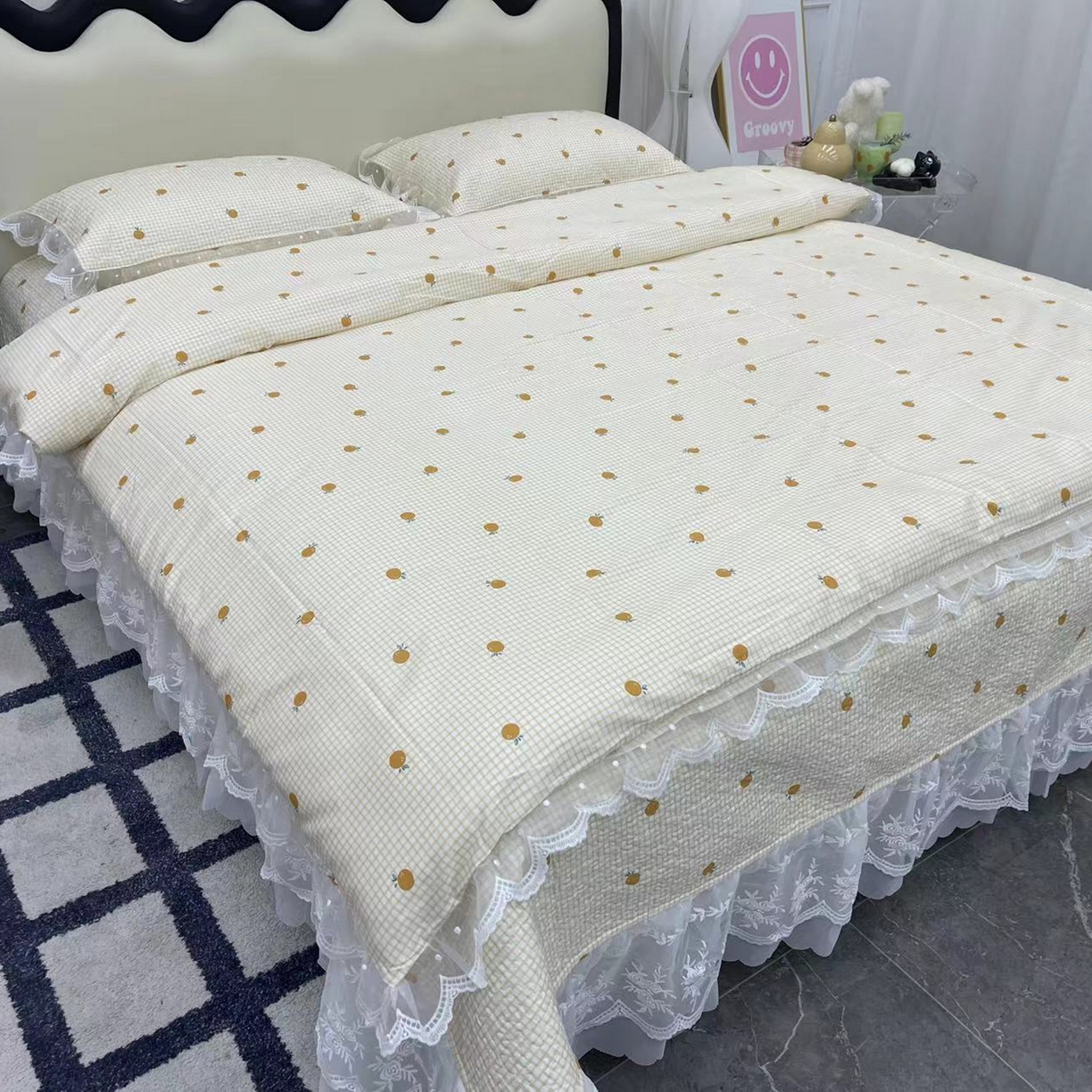 91家纺网 家纺一手货源 找家纺 （总）禧瑞谷 2025新款双层花边纯棉床盖雪纺蕾丝款纯棉床盖四件套