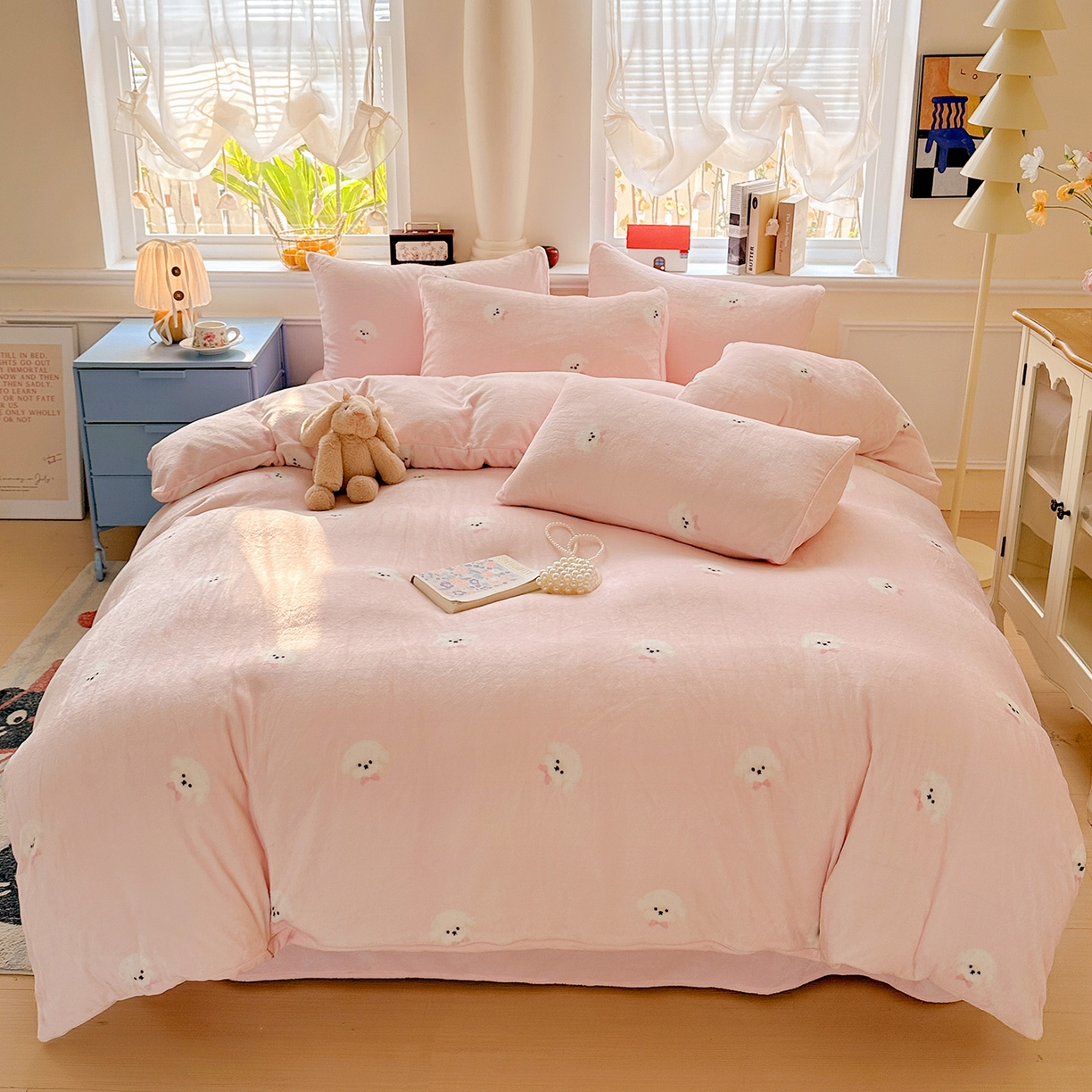 91家纺网 家纺一手货源 找家纺 水木坊 2025新款A加厚牛奶绒印花四件套-含买家秀 绒绒小狗-粉