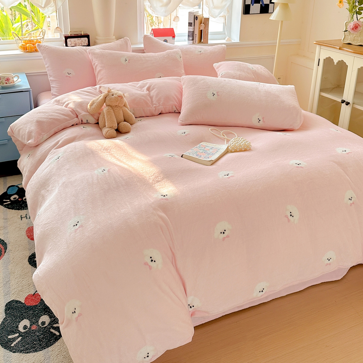 91家纺网 家纺一手货源 找家纺 水木坊 2025新款A加厚牛奶绒印花四件套-含买家秀 绒绒小狗-粉