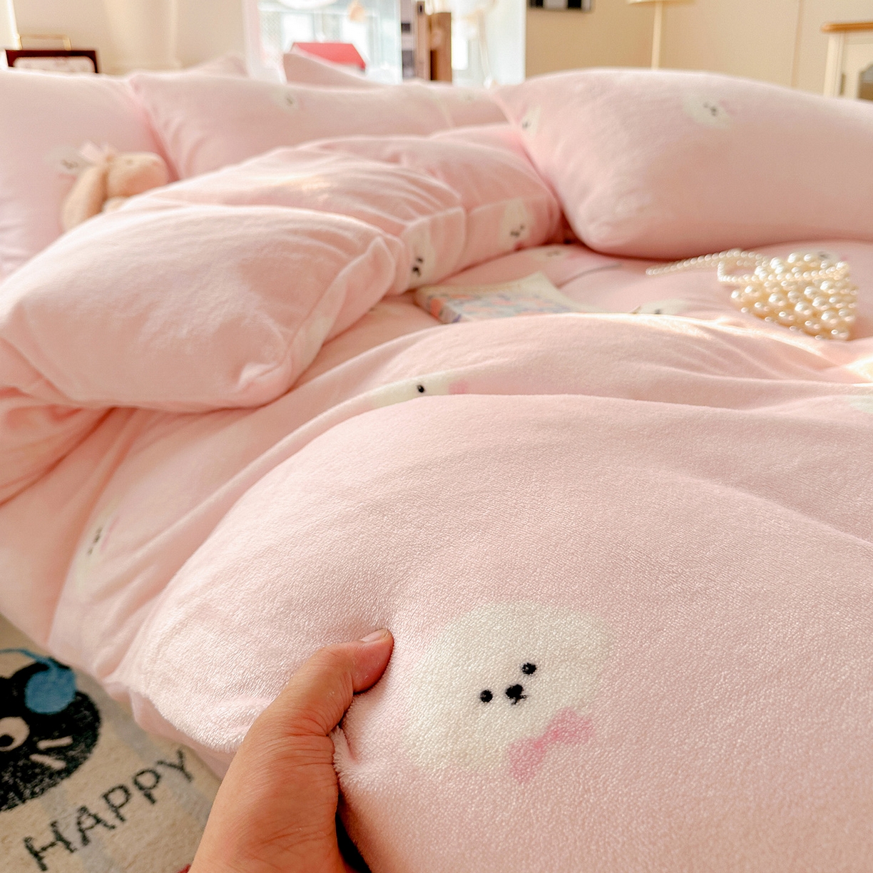 91家纺网 家纺一手货源 找家纺 水木坊 2025新款A加厚牛奶绒印花四件套-含买家秀 绒绒小狗-粉