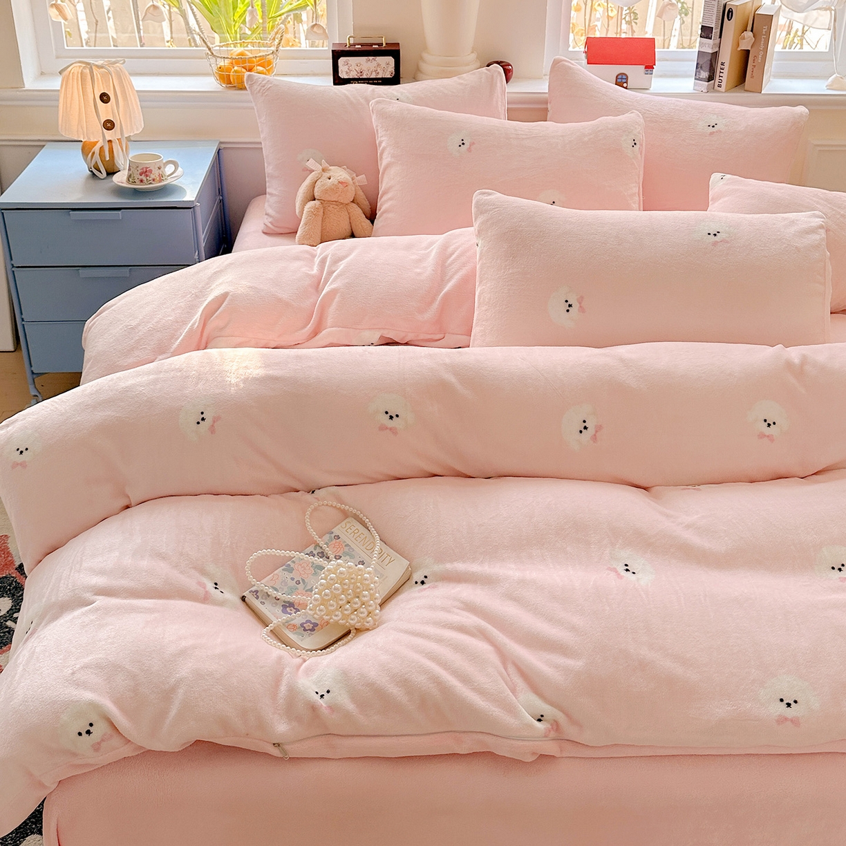 91家纺网 家纺一手货源 找家纺 水木坊 2025新款A加厚牛奶绒印花四件套-含买家秀 绒绒小狗-粉