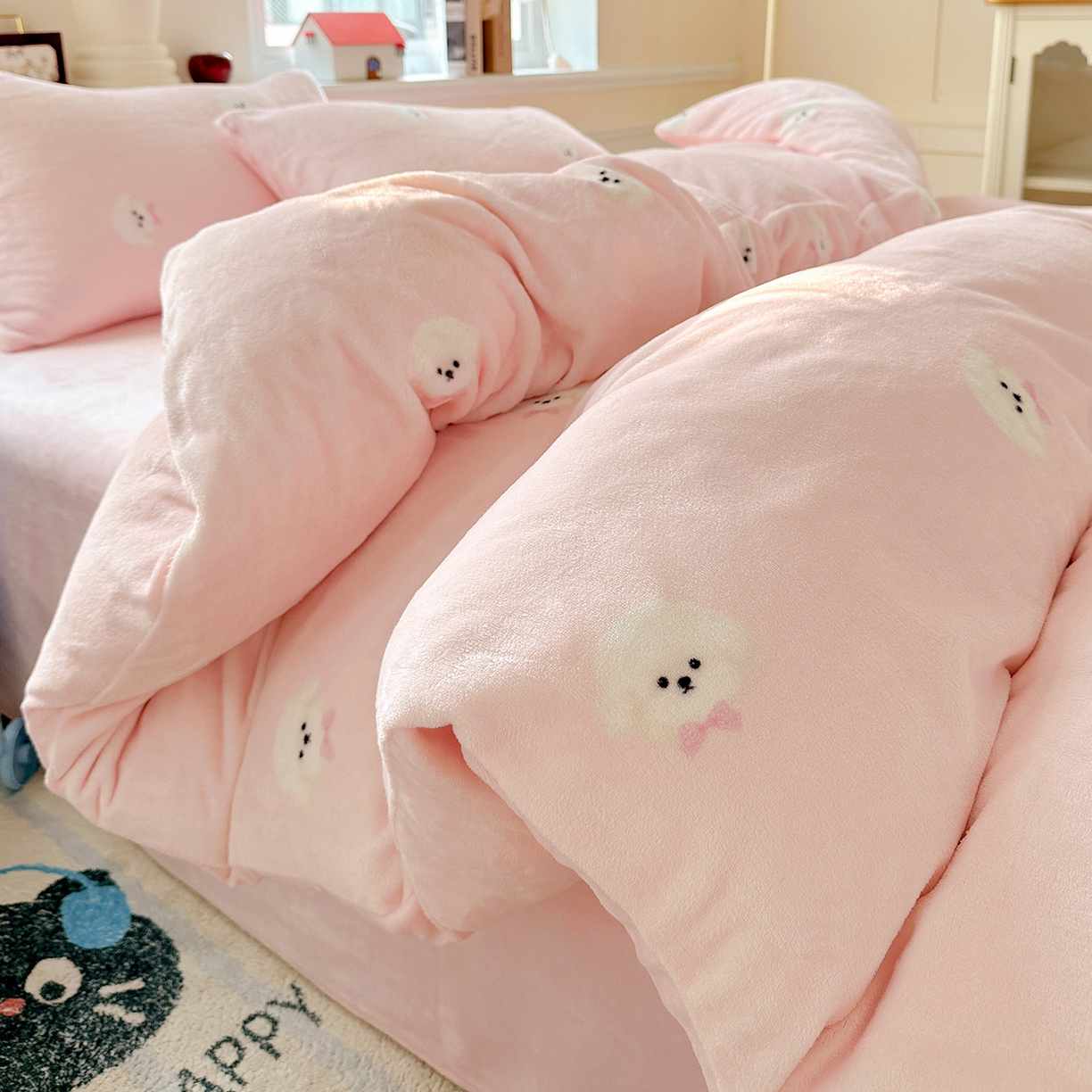 91家纺网 家纺一手货源 找家纺 水木坊 2025新款A加厚牛奶绒印花四件套-含买家秀 绒绒小狗-粉