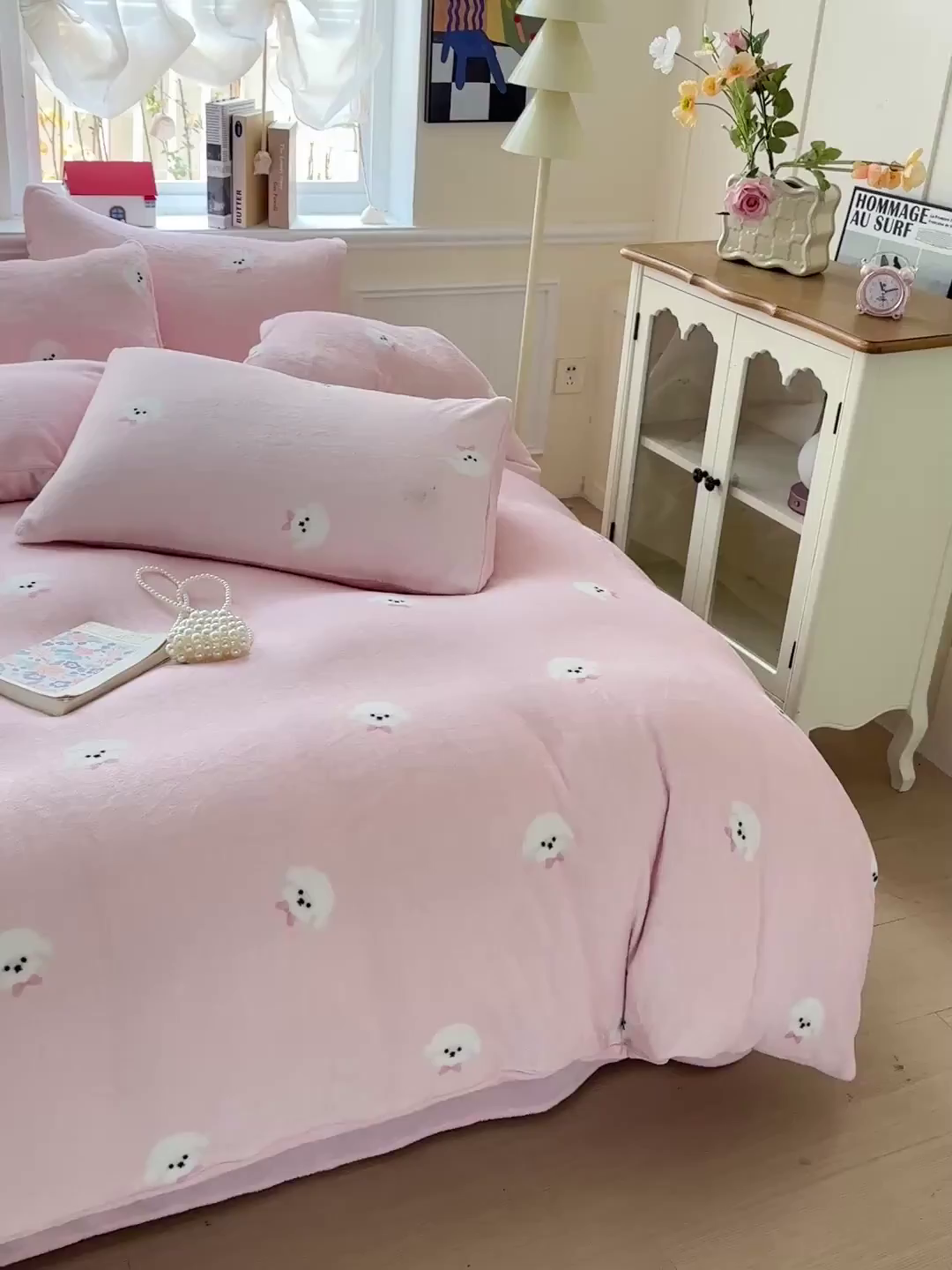 91家纺网 家纺一手货源 找家纺 水木坊 2025新款A加厚牛奶绒印花四件套-含买家秀 绒绒小狗-粉